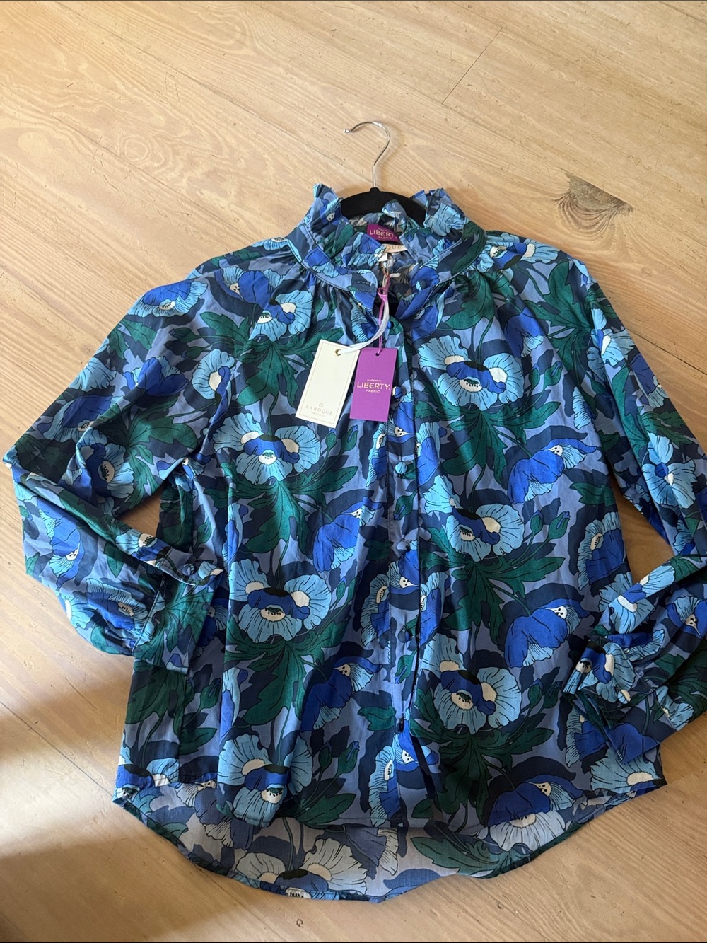 Laroque liberty blue and green floral ruffle-neck blouse, size s, NWT